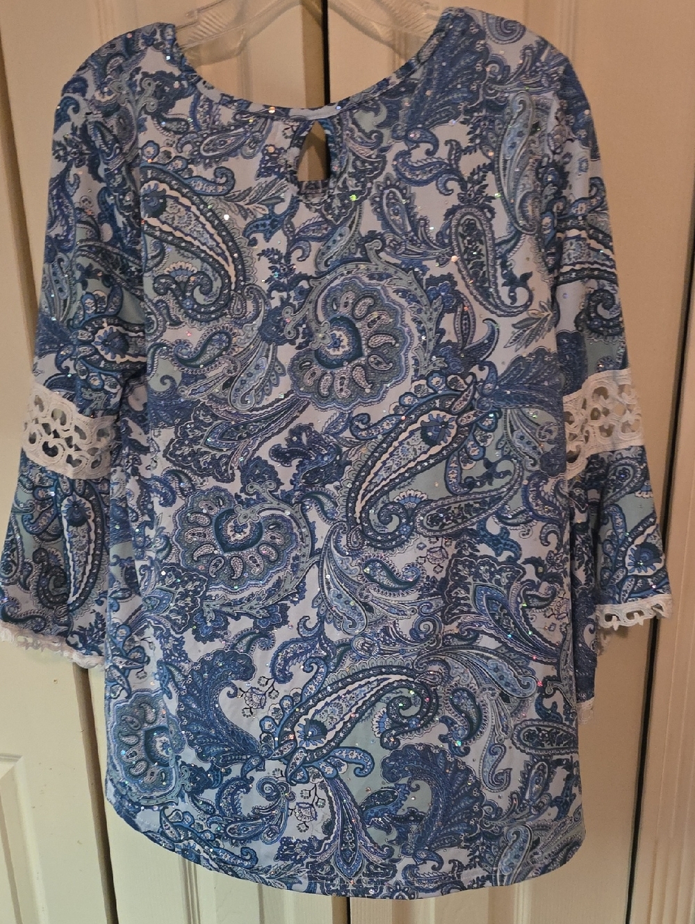 Women’s Blue Paisley Lace Stem& Vine-Trim Blouse
